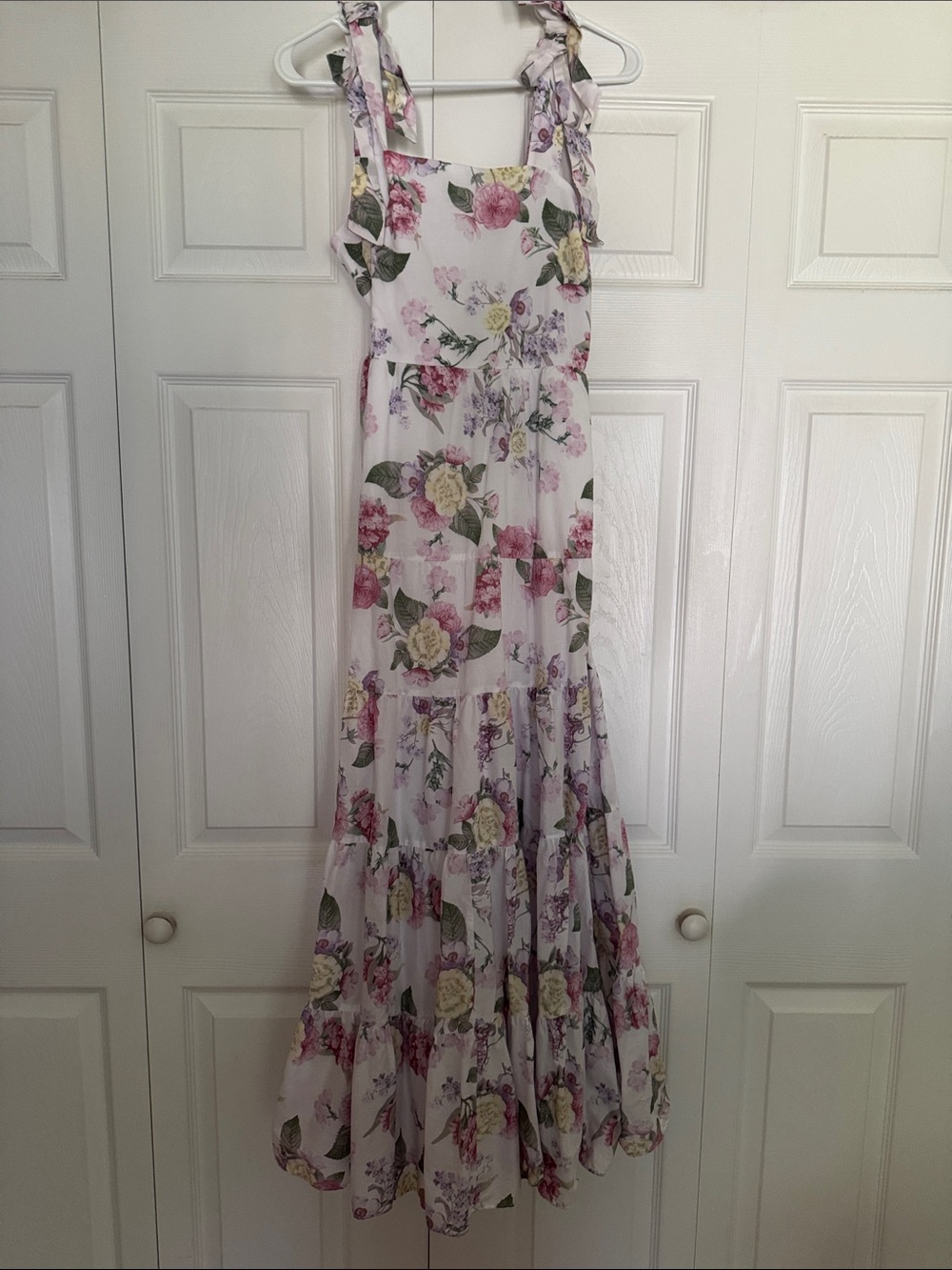 Floral Tie-Shoulder Maxi Dress - White with Pink & Green Floral Print